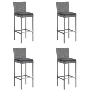 vidaXL Gartenbar-Set, 4 graue Barhocker aus Rattan mit Kissen, Teil eines 5-tlg. Gartenmöbel Sets.