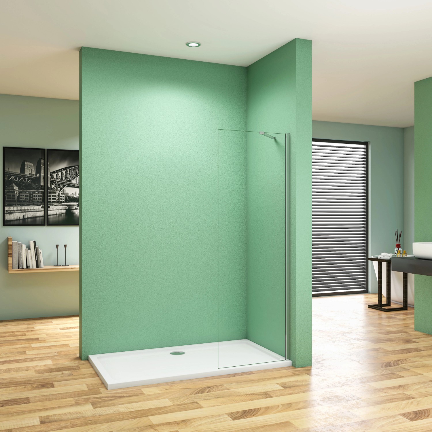 AICA Walk-In Duschkabine mit 8mm ESG Glas und Stabilisator, ohne Duschtasse.