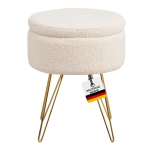 Beiger Albatros Hocker CANNES mit Sherpa Bezug und goldenen Beinen.