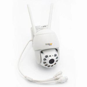 Technaxx TX-192 PT Dome Kamera zur Videoüberwachung, weiße Dome Kamera mit Antennen und Kabel.