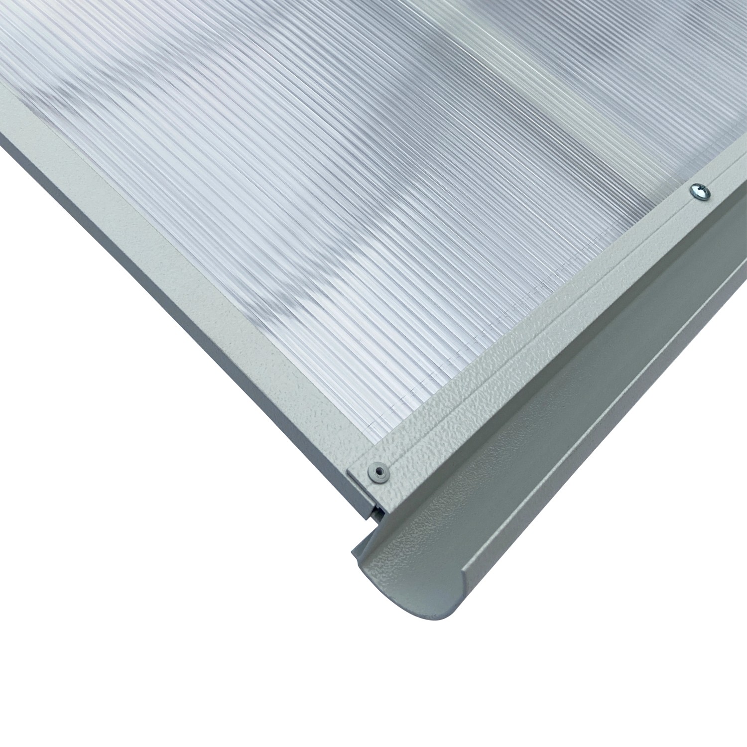 Detailansicht: Gebogenes STARKEDACH Vordach L-160 mit Aluminiumrahmen (RAL 7035) und Polycarbonatbeschichtung.