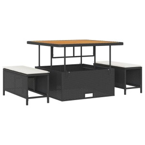 vidaXL Garten Essgruppe, 3-teilig, schwarz, Poly Rattan. Gartentisch mit zwei Hockern und Sitzkissen.