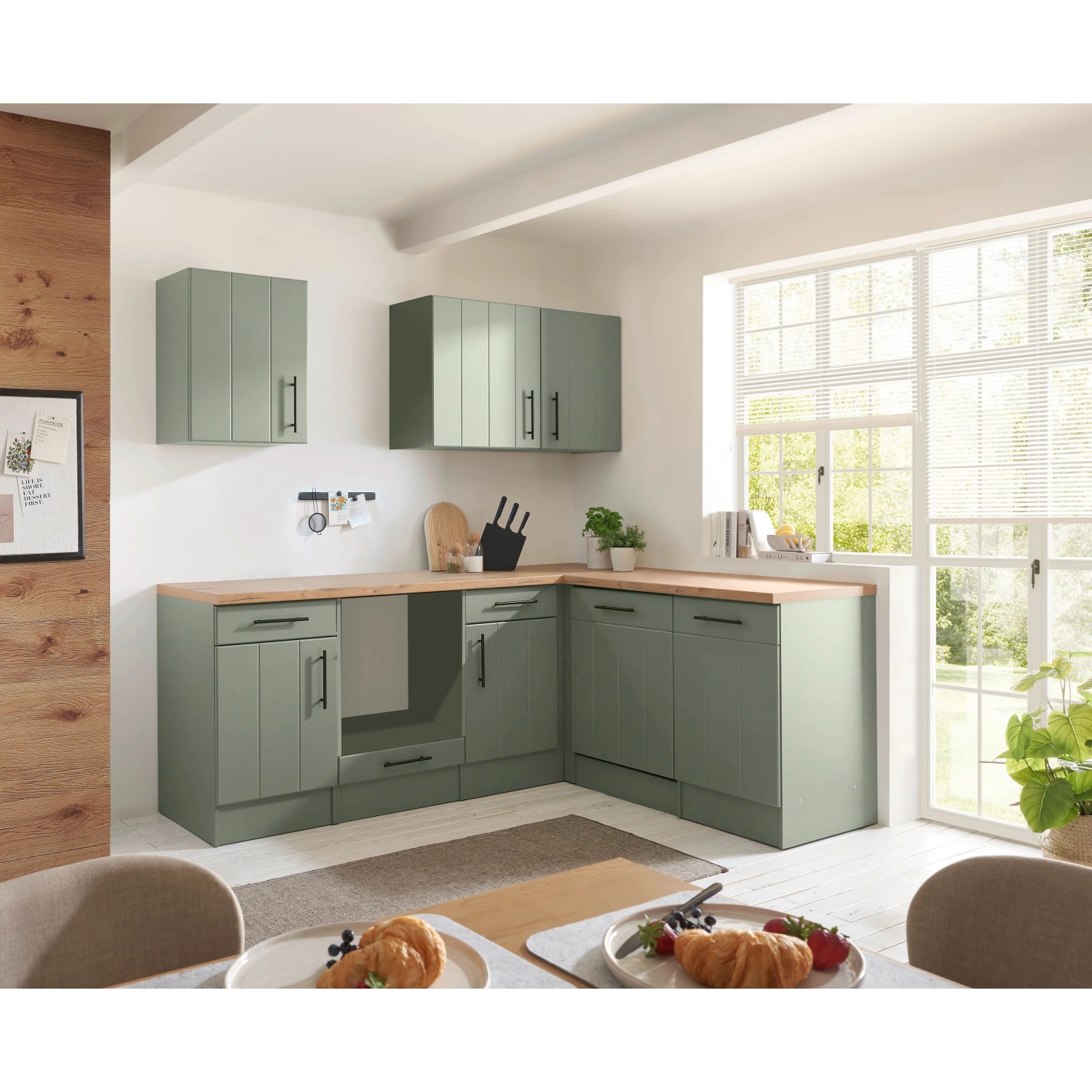 Respekta Winkelküche Anton Landhaus Schilfgrün 220 cm ohne E-Geräte