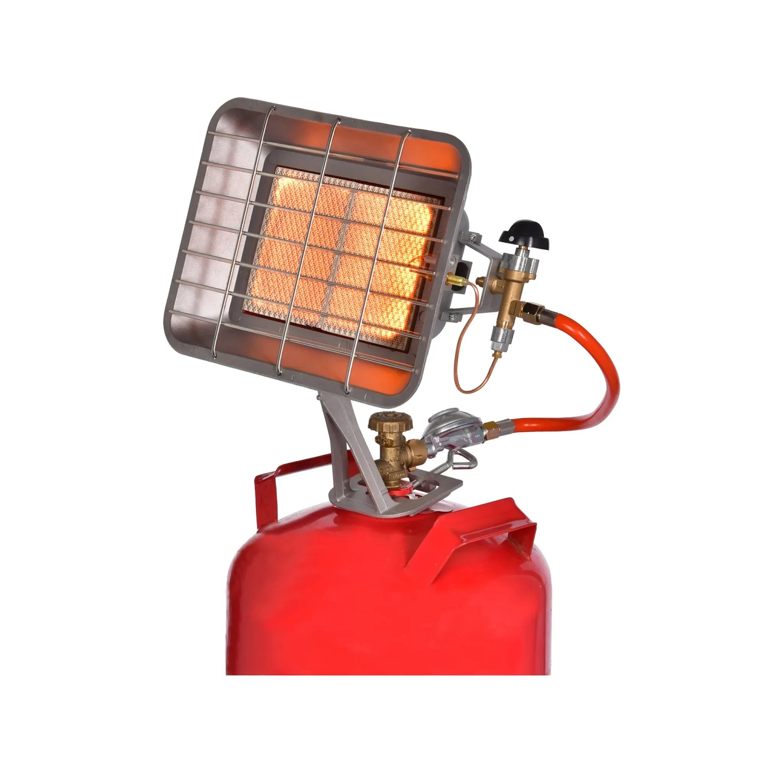Firefix Gas-Heizstrahler Easy 4,4 kW auf roter Gasflasche. Heizgerät für Werkstatt, Camping & Baustelle.