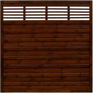 Brauner Sichtschutzzaun Nicea, 180x180 cm, mit gewellten Lamellen und Latten im oberen Bereich.