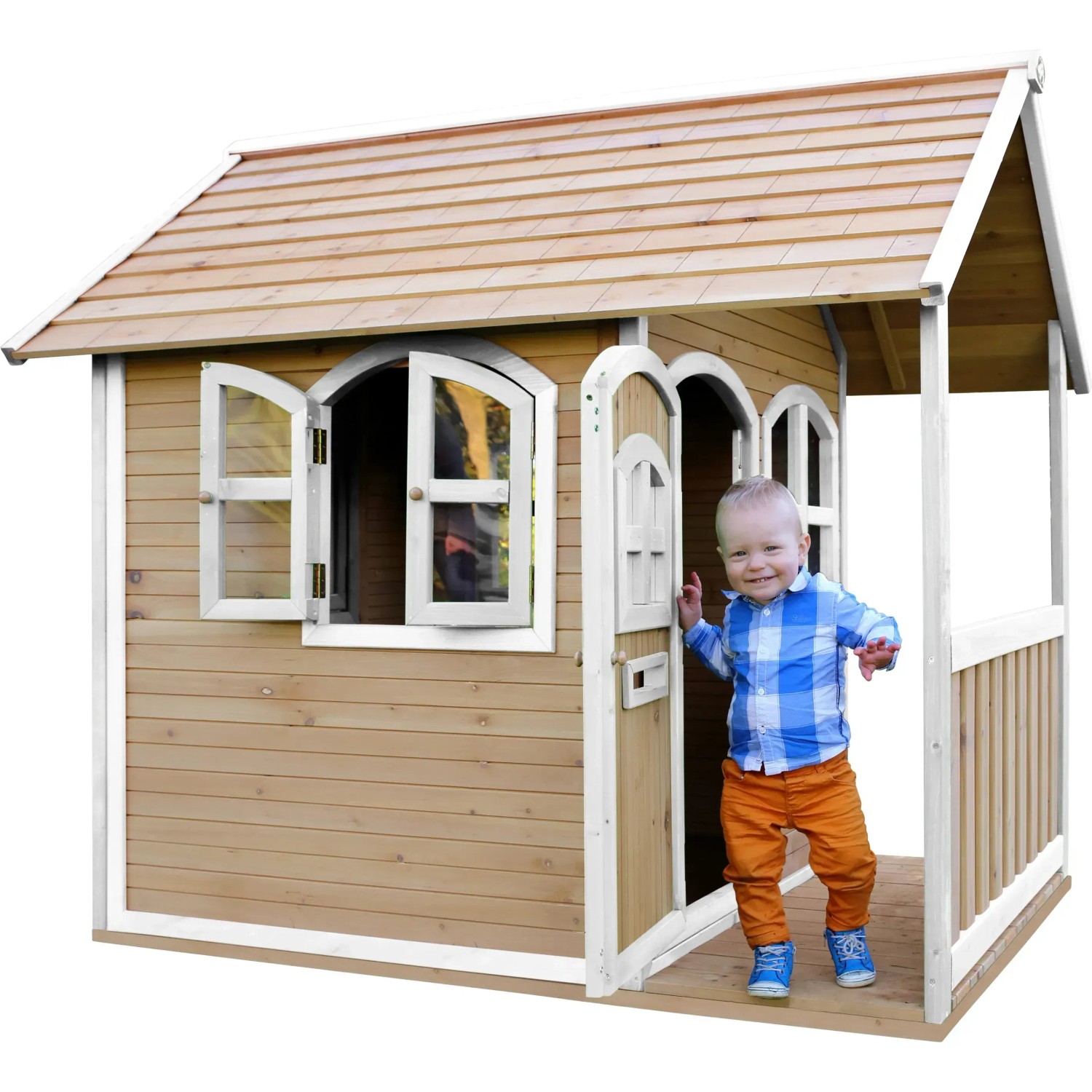 Axi Alex Spielhaus aus Holz in Braun und Weiß mit Veranda und Kind.
