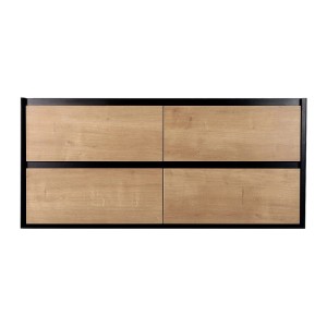 Hängender Waschbeckenunterschrank Lannick, 120 cm, schwarz mit 4 hellen Schubladen in Holzoptik, Industrial Stil.