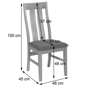 Esszimmerstuhl 6er-Set, taupefarbener Polsterstuhl mit dunklem Holzgestell und Maßangaben.