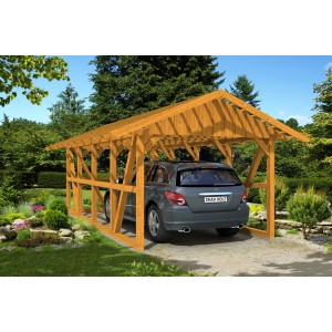 Skan Holz Carport Schwarzwald Eiche mit Rückwand und Auto. Satteldach-Carport aus Holz.
