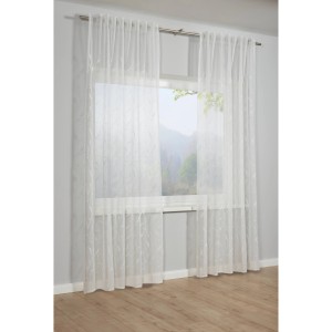 Naturfarbener Bennetti Schal mit Rankenstickerei, transparenter Fenstervorhang mit Gardinenband, 140x245 cm.