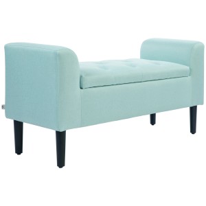 Hellblaue HOMCOM Sitzbank mit Stauraum, Polyesterbezug und dunklen Holzfüßen.