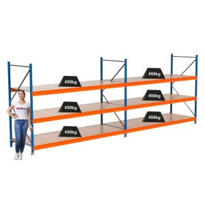 PROREGAL Weitspannregal MAXIMUS PRO, blau/orange, mit 3 Spanplatten-Fachböden und Gewichtsangaben.