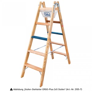 Iller Holz Stufenstehleiter ERGO Plus mit Werkzeugtasche und Eimerhaken, 2x8 Stufen.