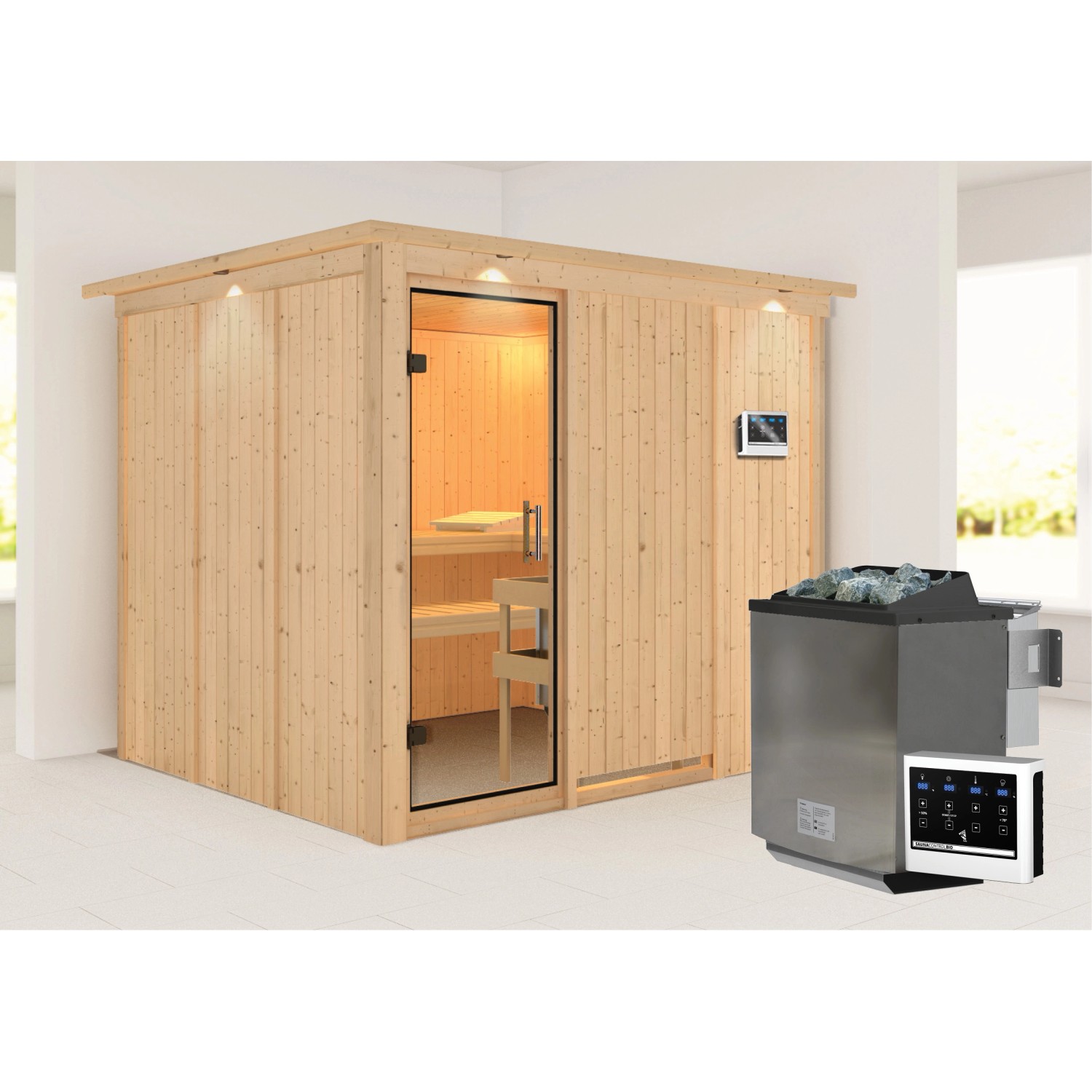 Karibu Sauna Gunda mit Bio-Ofen externe Stg.Easy LED-Dachkranz Natur