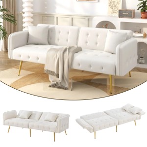 Merax Schlafsofa 2 Sitzer, cremeweißer Velours, goldene Beine. Zeigt Sofa und Bettfunktion, verstellbar.