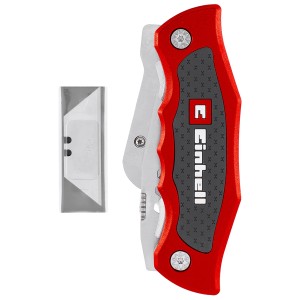 Einhell Universalmesser 2-in-1 mit Trapezklinge und Taschenmesserklinge, roter Griff.