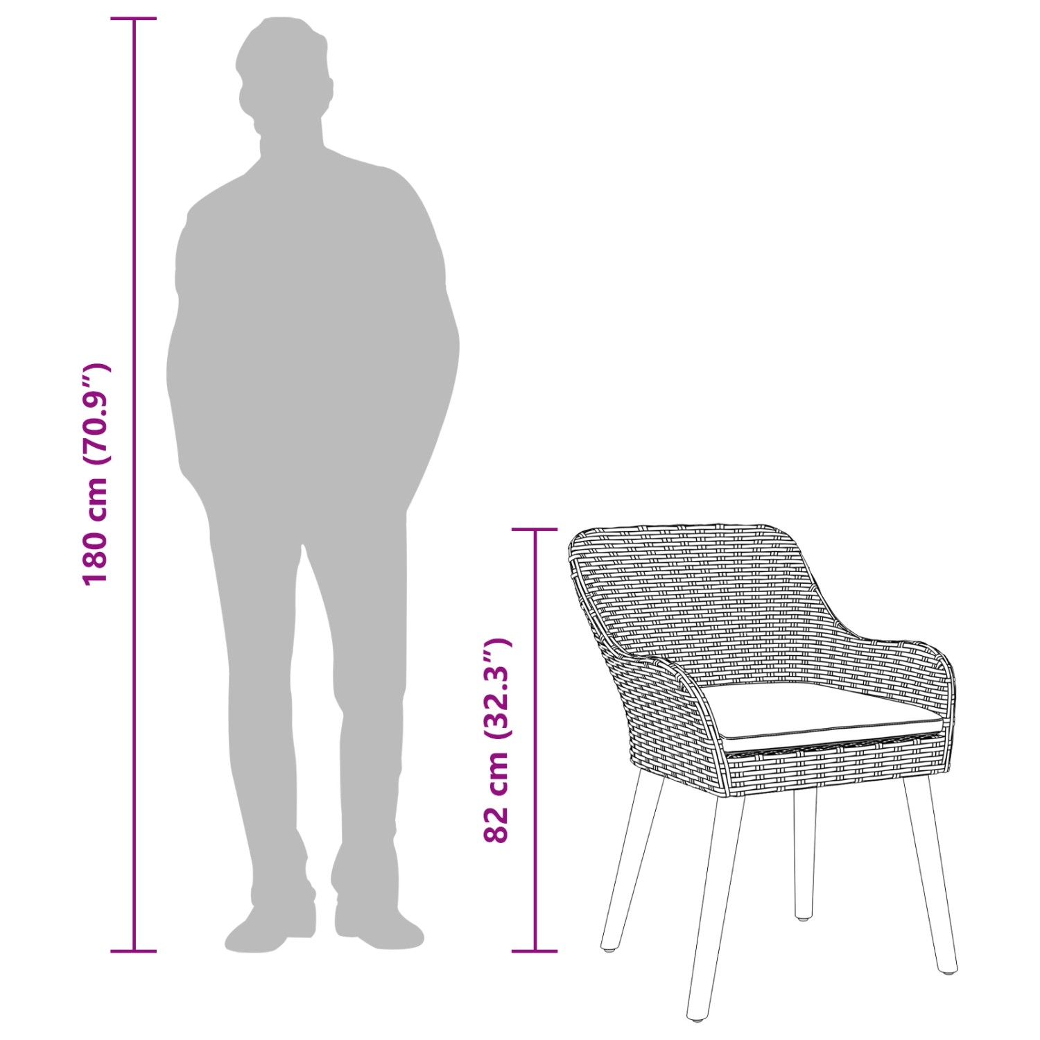 vidaXL 5-teilige Garten Essgruppe aus Rattan, beige, mit Tisch und vier Stühlen. Abmessungen werden angezeigt.