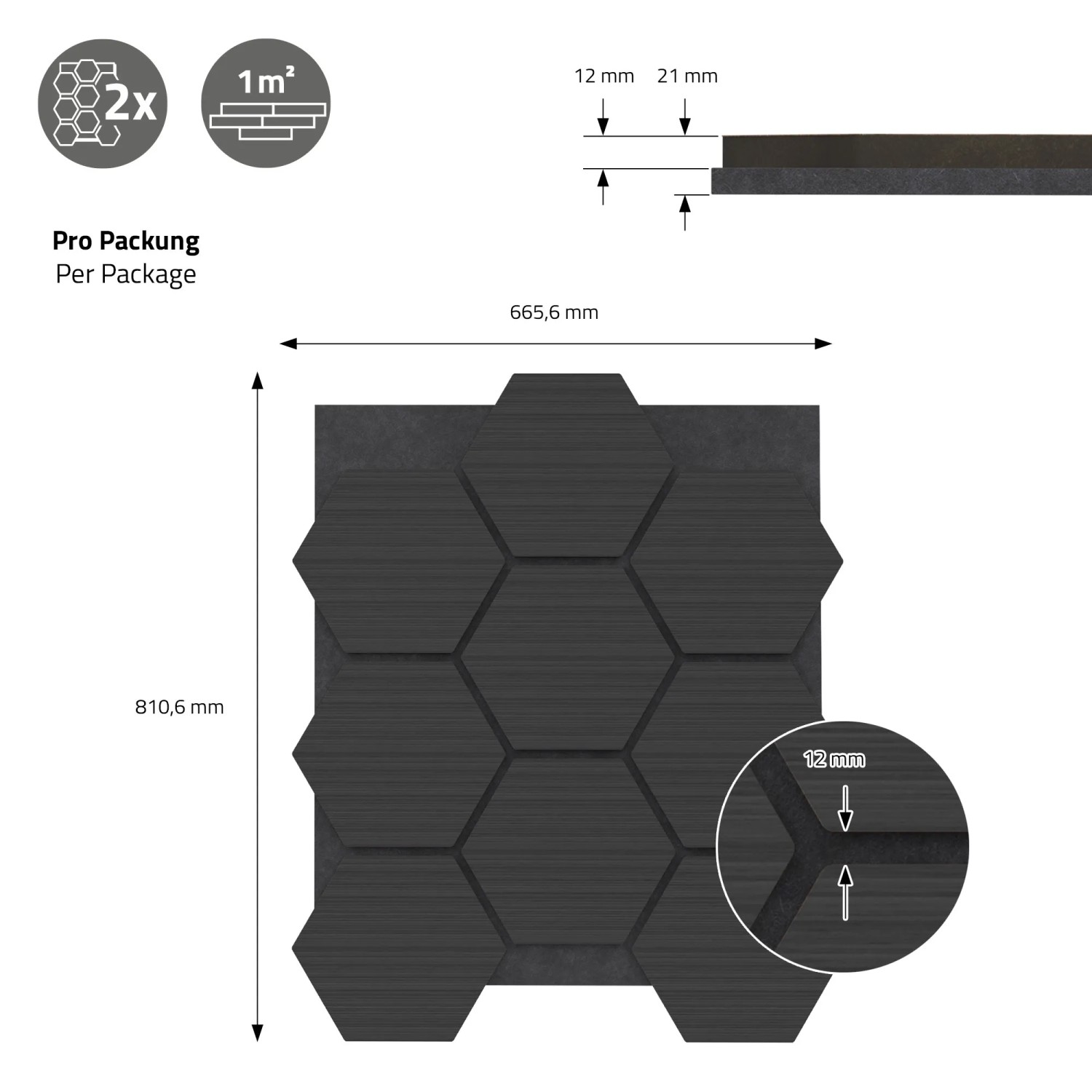 ML-Design Akustikpaneel Hexagon, 2er Set, schwarz. Schallabsorbierende Wandpaneele in Wabenform aus MDF.