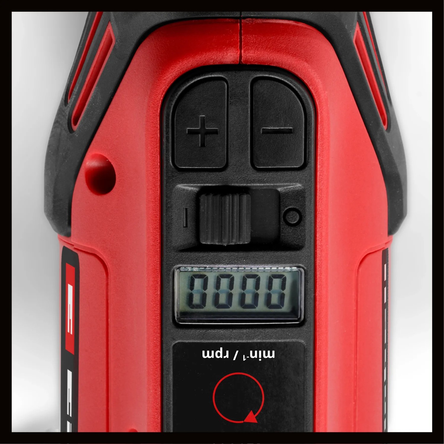 Detailaufnahme der Einhell CC-PO 1100/150 CE Poliermaschine: Bedienelemente und LCD-Anzeige.