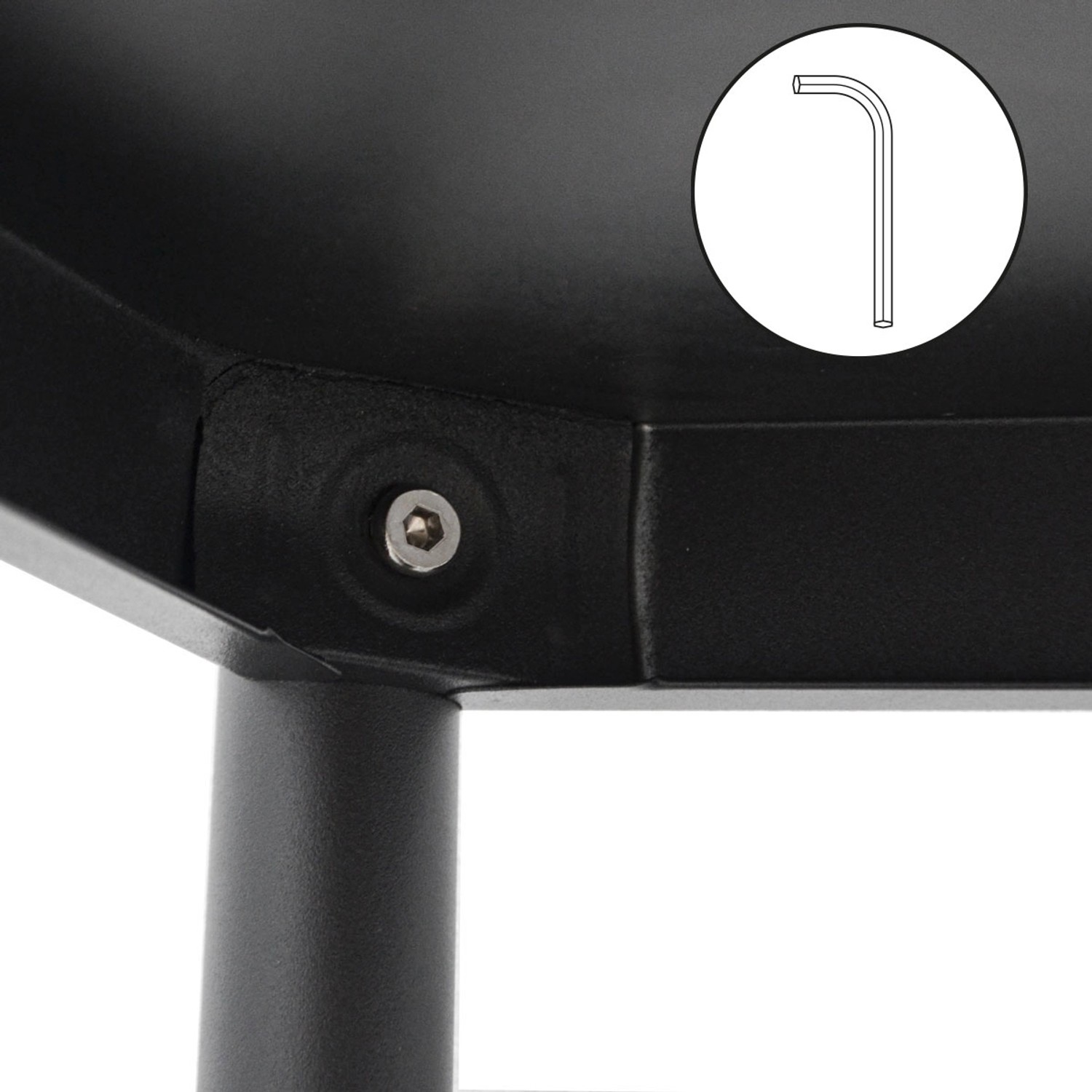 Detailaufnahme shelfr Metallregal, schwarzes Regal mit Schraube und Inbusschlüssel-Symbol.