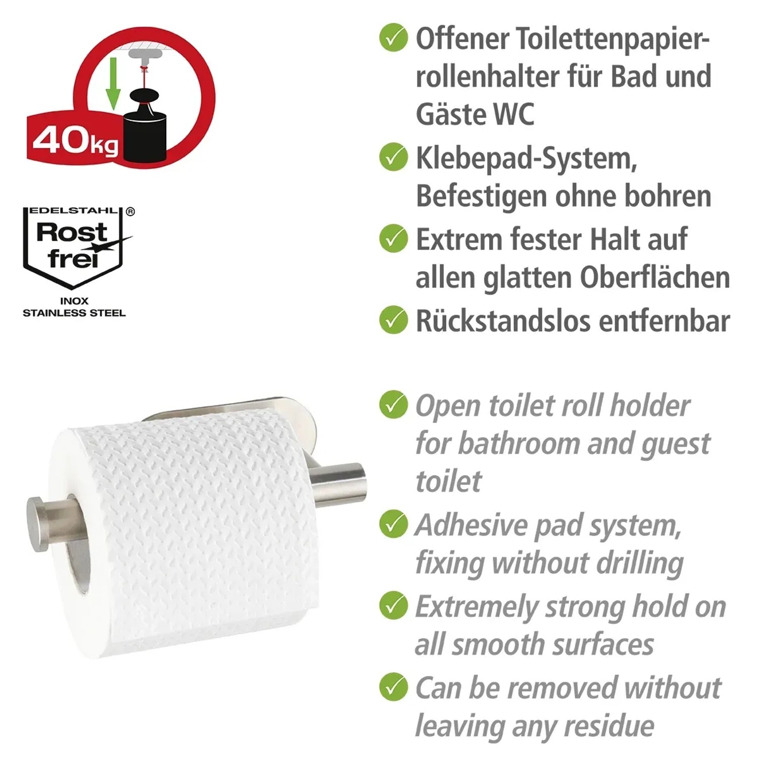 Wenko Toilettenpapierhalter Orea Matt, Edelstahl rostfrei, zur Wandmontage ohne Bohren.