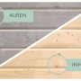 Karibu Gartenhaus Vellinge: Vergleich der Holzfarben außen (vorvergraut) und innen.