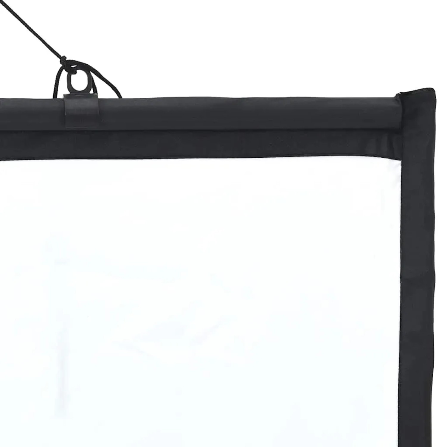 Weiße Projektionsleinwand mit schwarzen Rändern, oberer Stange und Aufhängung, 60 Zoll, 4:3 Format.