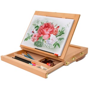 Artina Colmar Staffelei aus Buche mit Malutensilien in geöffneter Schublade.