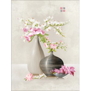 Leinwandbild Basic Than Son Flower Stilllife II, 77x57cm: Blumenstillleben mit Vasen.