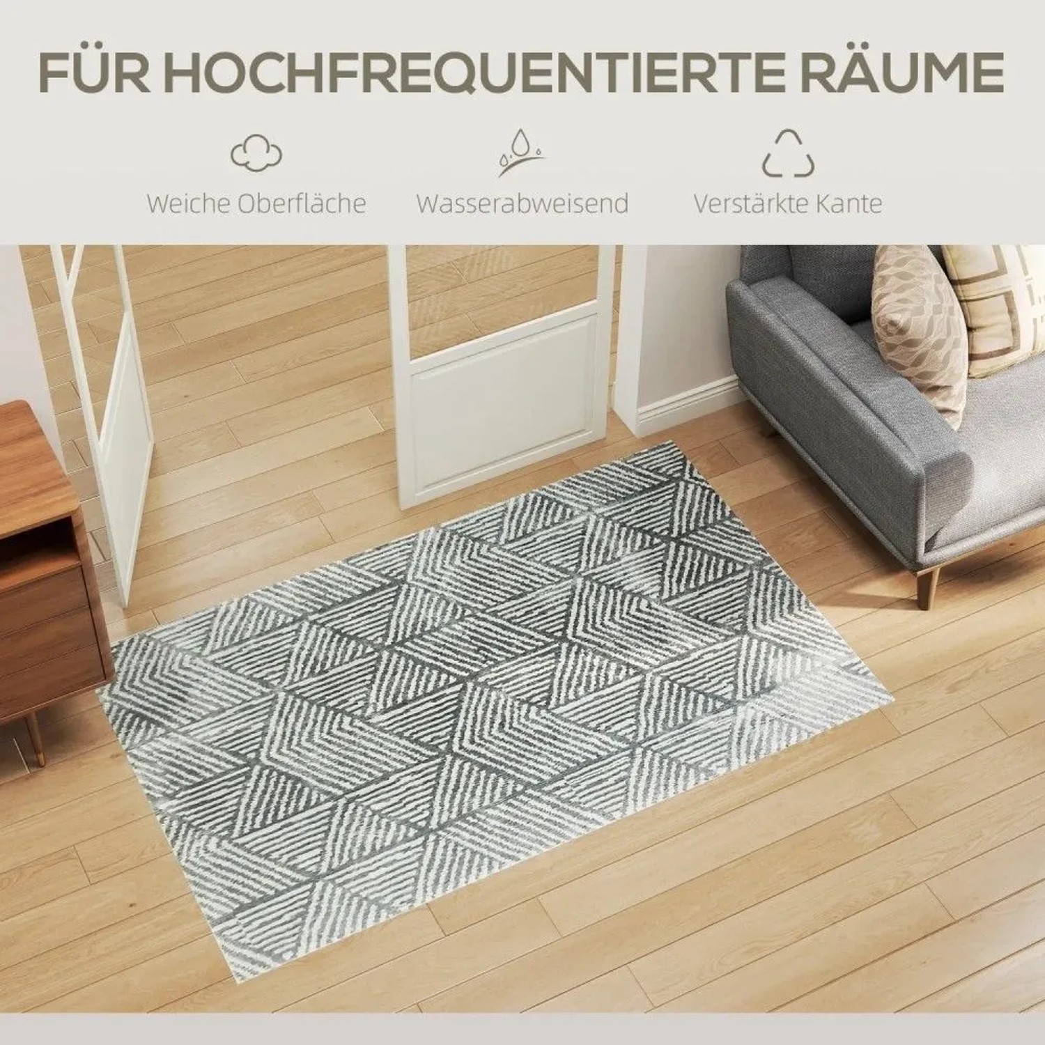 HOMCOM Kurzflor Teppich, grau-weiß mit modernem geometrischem Muster, auf Holzfußboden im Wohnzimmer.