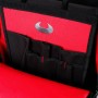 Detailaufnahme: Mephisto Werkzeugrucksack "Fire" mit Fächern und Logo in Rot, Schwarz und Grau.