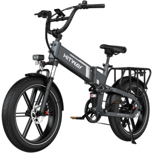 Graues HITWAY E-Bike BK10SP1 mit 20 Zoll Fat-Reifen, Federgabel und Gepäckträger. Klappbares Elektrofahrrad.