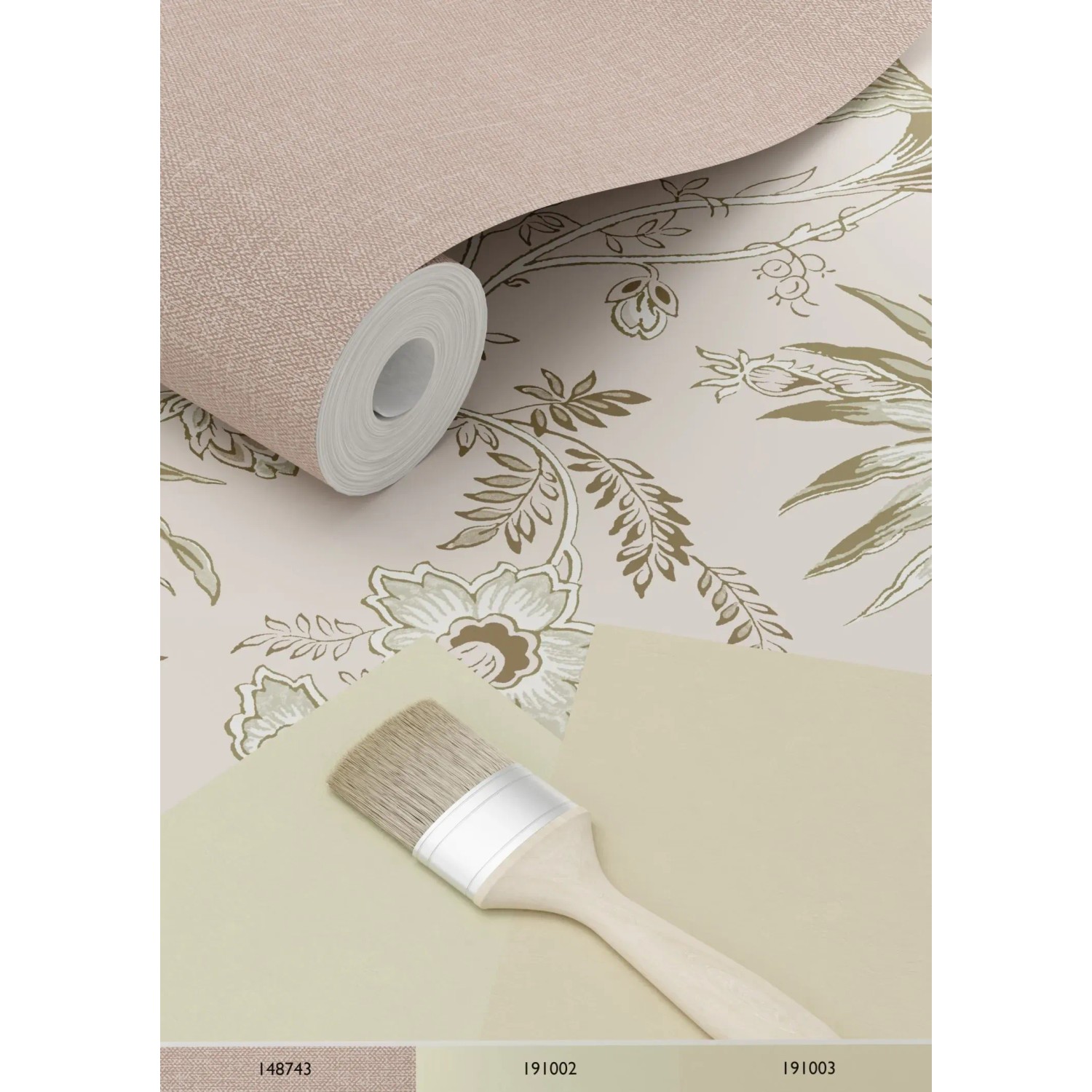 ESTAhome Vliestapete mit Blumenmuster in Altrosa und Olivgrün, Rolle und Farbfächer.