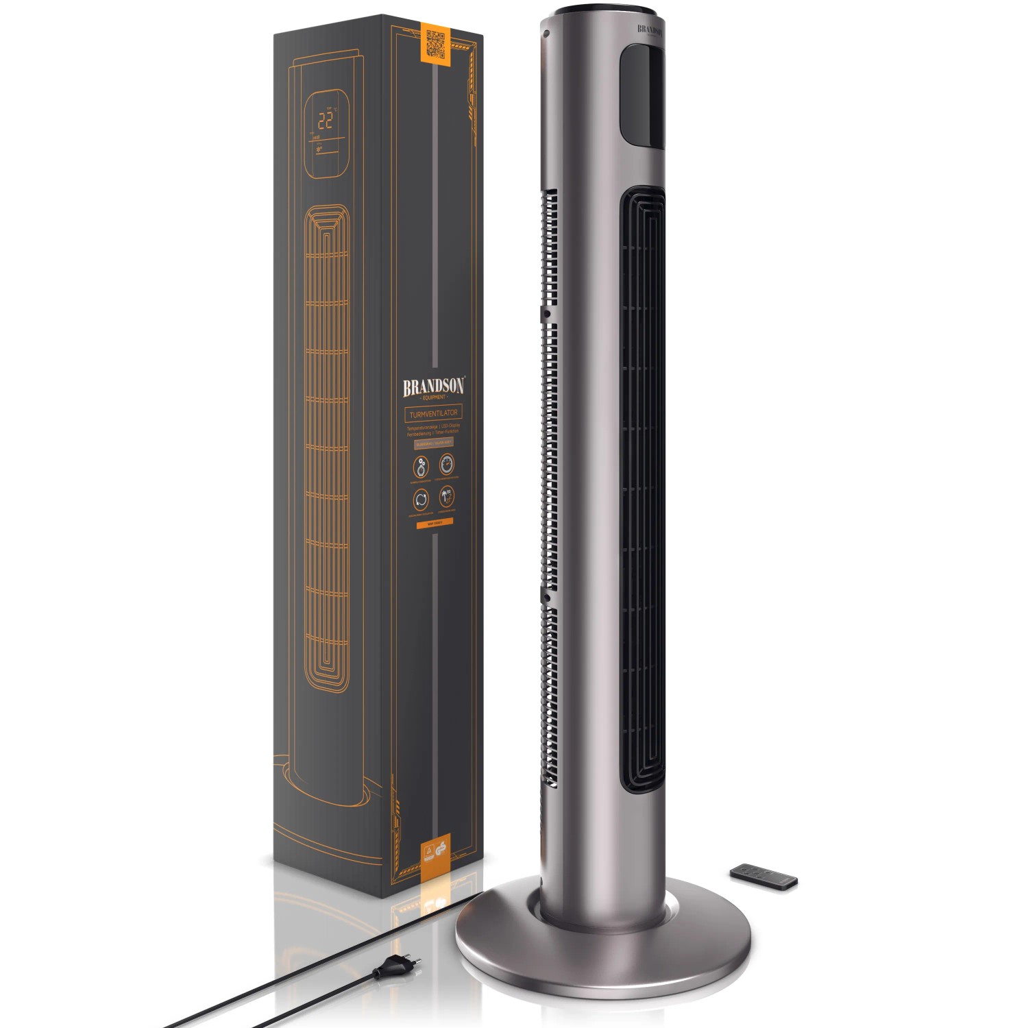 Brandson Turmventilator, 96cm, rauchgrau, mit Oszillation, 3 Stufen und Fernbedienung.