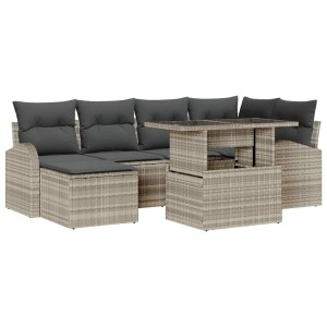 Hellgraues 7-tlg. vidaXL Garten-Sofa-Set aus Poly Rattan mit Tisch und Auflagen.