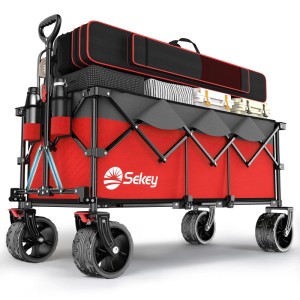 Sekey XXXL Bollerwagen, faltbar, rot, mit Getränkehaltern und Gepäck. Ideal für Camping.