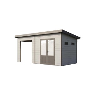 Finnhaus Wolff WPC Gerätehaus Tona 5024 28 hellgrau mit Doppeltür und überdachtem Bereich.