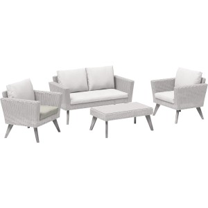 Manila Lounge-Gartenmöbel Set mit Sessel, Sofa und Tisch, beige Sitzkissen.