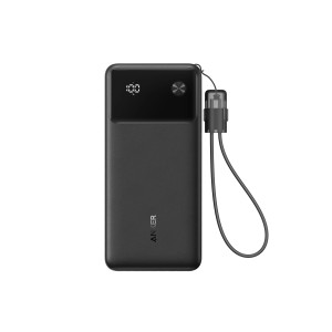 Schwarze Anker Powerbank 30W mit USB-C Kabel und Trageschlaufe, Akku für Smartphones.