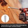 Einhell Meißel-Set im Einsatz: Flachmeißel bearbeitet Mauerwerk mit Bohrmaschine. Ideal für Abbruch und Renovierung.