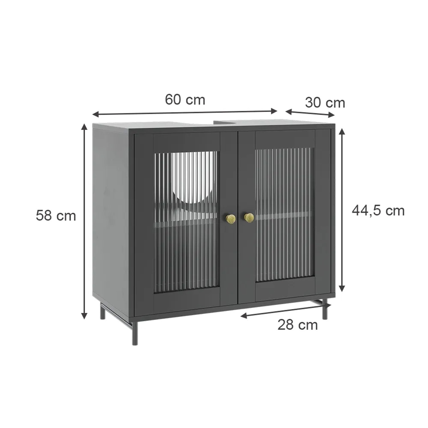 Vicco Waschbeckenunterschrank Malte, grau, 60x58 cm, mit zwei Türen und geriffelten Glaseinsätzen.
