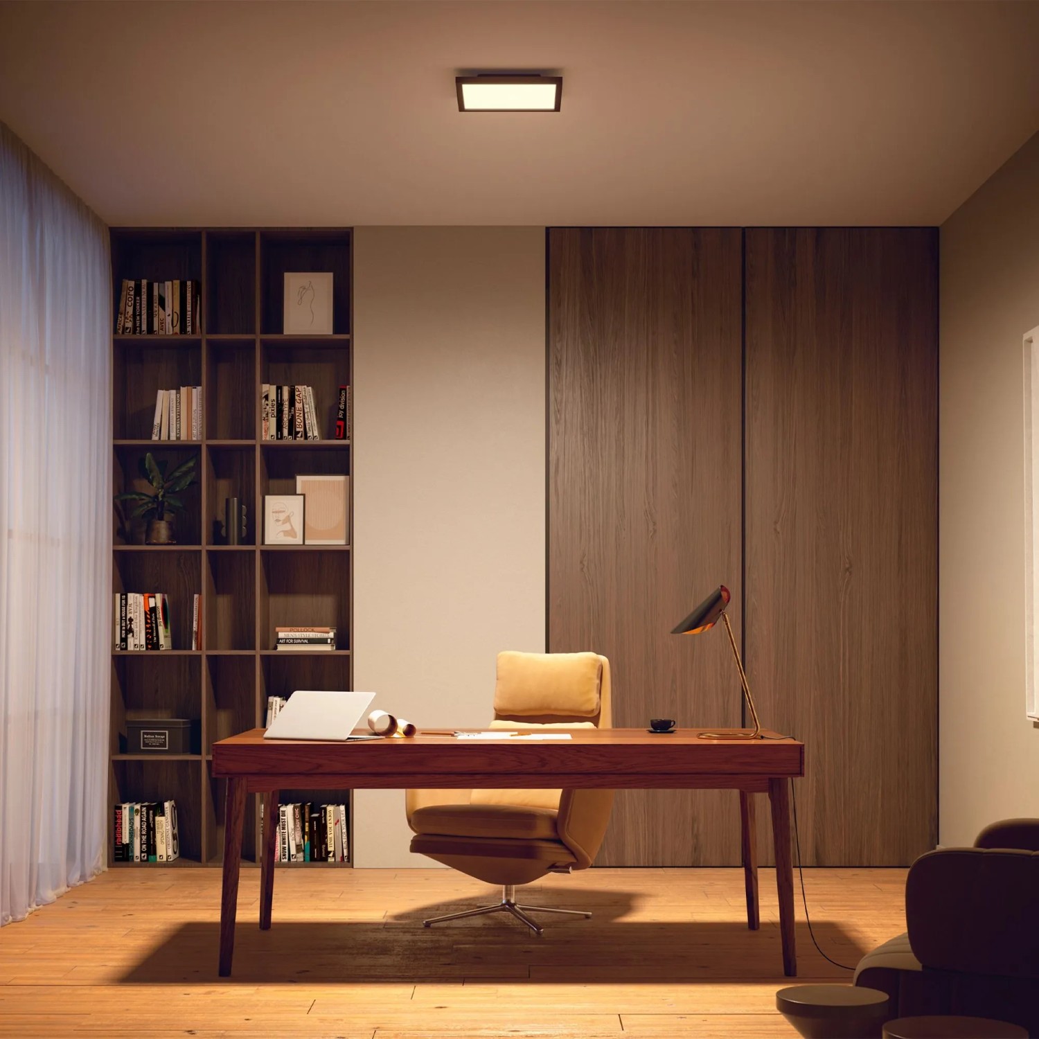Philips Hue Aurelle LED-Panel, 30x30 cm, in Schwarz, montiert an einer Decke in einem Arbeitszimmer.