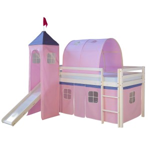 Homestyle4u Hochbett 90x200 mit Vorhang Lattenrost Matratze Rutsche Tunnel Turm Weiß 2561