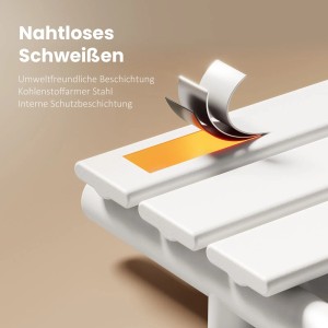 Emke Handtuchheizkörper: Detail der weißen Heizstange mit abziehbaren Schichten, die Heizdraht, Schutzbeschichtung und nahtlose Schweißung zeigen.