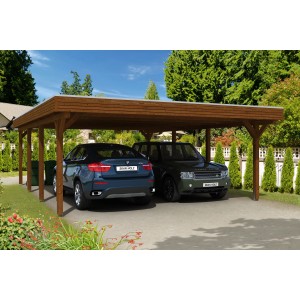 Skan Holz Carport Spessart Nuss, Flachdach-Carport aus Leimholz mit zwei geparkten Autos.