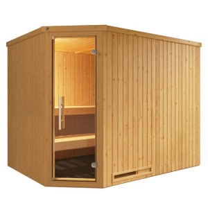 Weka Element-Ecksauna Varberg 4 Sparset mit Glastür und 9 kW Ofen.