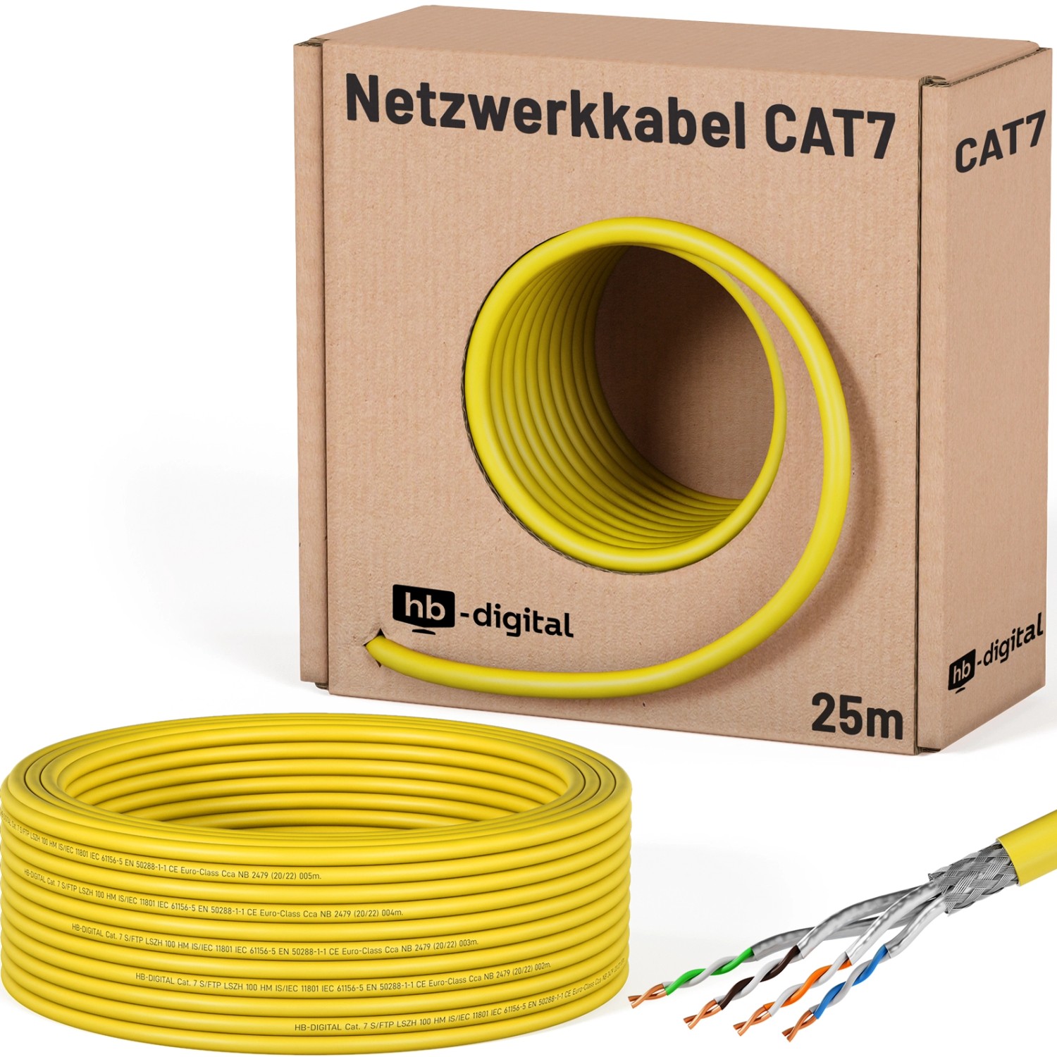 hb-digital CAT 7 Kabel Netzwerkkabel max. 1000 MHz S/FTP AWG23 LSZH 25m gelb
