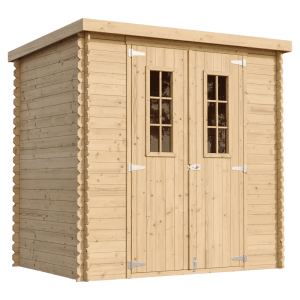Beige-braunes Timbela Holz-Gartenhaus M311C (2,22 m²) mit Doppeltür und Fenster.