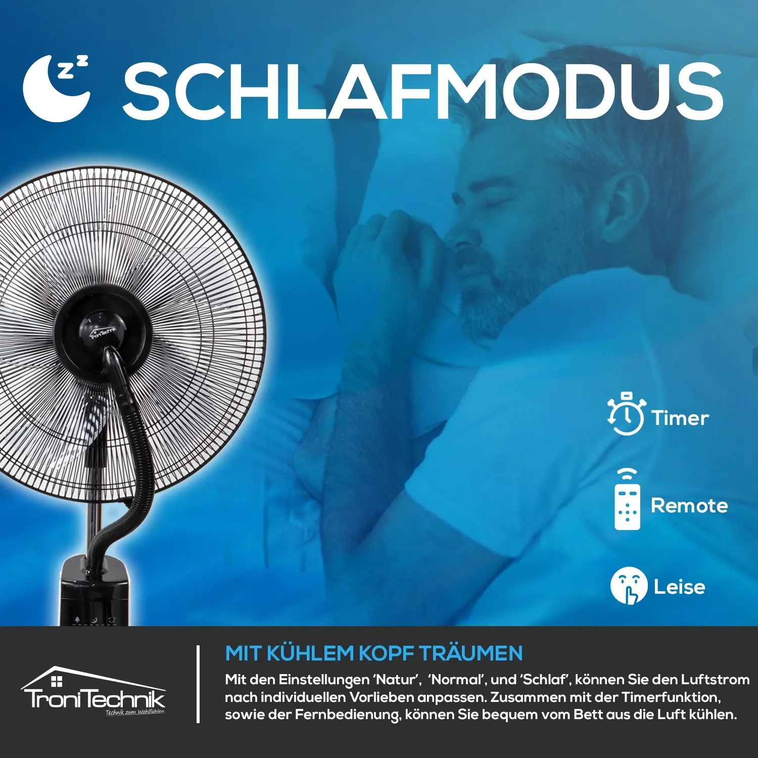 TroniTechnik Standventilator SV05 mit Wasserkühlung im Schlafmodus mit Timer und Fernbedienung.