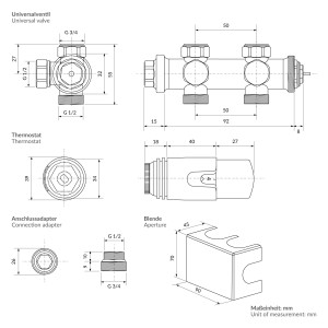 Technische Zeichnung: LuxeBath Anschlussgarnitur Badheizkörper Mittel Universal Schwarz mit Maßen.
